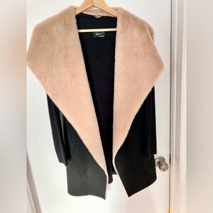 Luxurious Black and Tan Sweater with Faux Fur wide trim on color.